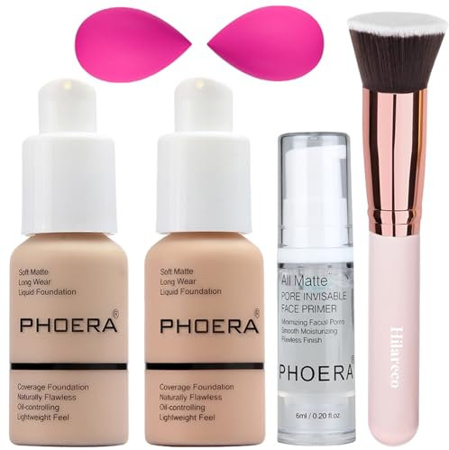 PHOERA Foundation, PHOERA Make-up für Frauen, PHOERA Matte Liquid Foundation mit voller Deckkraft, PHOERA Primer, PHOERA Concealer(102 Nude + 103 Warm peach)