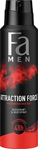 Fa Men Deodorant & Bodyspray Attraction Force (150 ml), Deospray mit verführerischem Duft, Deo ohne Aluminium für bis zu 48 h Deo-Schutz, hinterlässt keine Deo-Rückstände