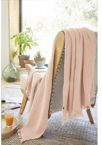 ACTOME Plaid à Franges en Gaze de Coton 130 x 160 cm Gaia Rose Clair