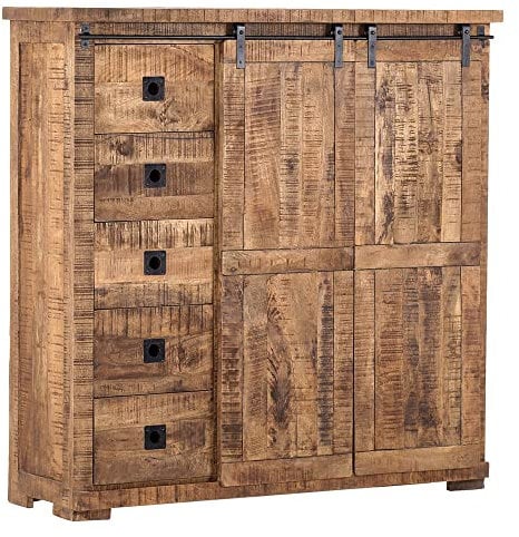Lomadox Wohn-/Esszimmer Highboard in Mangoholz Natur massiv, B/H/T ca. 145/145/47 cm