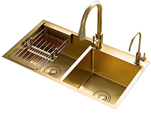 Küchen Gemüsewaschbecken Mit Goldener Spüle Doppelwaschbecken Aus Edelstahl Spüle Haushaltswaschbecken Mit Großem Fassungsvermögen Rechteckiges Waschbecken Mit Armaturen Küchenspülen (Color : Gold,