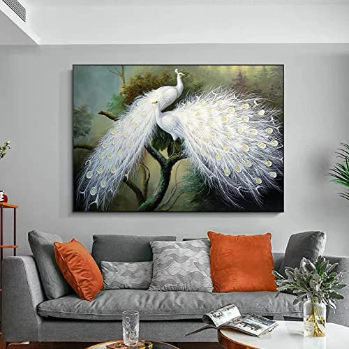 ZEROY Weißer Pfau Tier Vogel Vintage Poster und Drucke Leinwand Gemälde Rerto Wandkunst Bilder für Wohnzimmer Wohnkultur 80x120cm(31x47in) Kein Rahmen