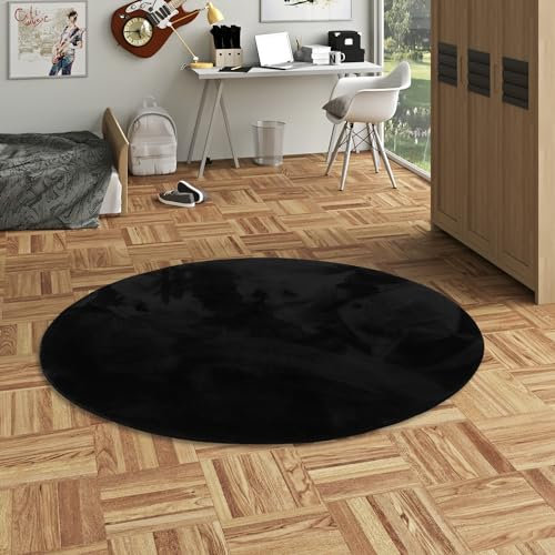 Kunstfaser Teppich Kinder und Jugend Super Soft Fellteppich Pearl Kids Schwarz Rund in 3 Größen