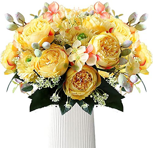 Sharharge Lot de 2 bouquets de pivoines artificielles en soie - Bouquet de fleurs d'hortensia réalistes - Baies - Bouquets de mariage pour fête et décoration d'intérieur (jaune) - 30 cm