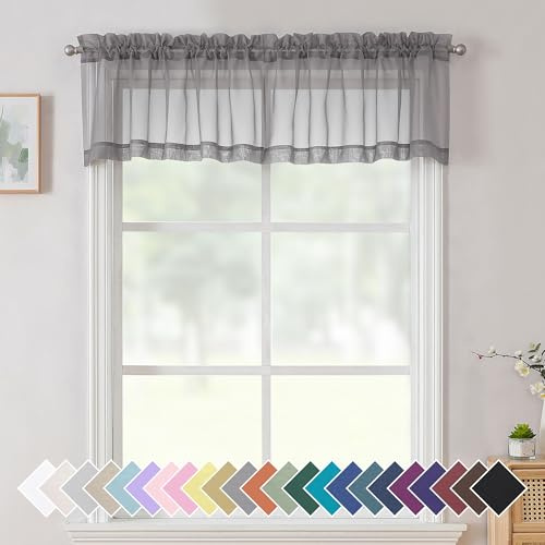 Aiyufneg 2 Paneele grau durchscheinender Volant – kurz, frisch durchscheinende Vorhänge für Fenster, Keller, halbtransparente Volants für Küchenfenster, Doppelstangentasche (Grau, 101,6 x 35,6 cm