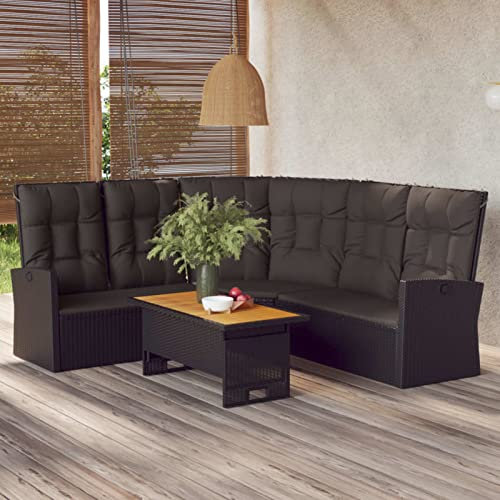 Tidyard 2-TLG. Garten Lounge Sofa, Ecklounge, Gartensofa, Terrassensofa, Gartenmöbel mit Esstisch, Ecksofa mit Verstellbare Rückenlehne, Tisch mit Höhenverstellbare Tischplatte Schwarz Poly Rattan