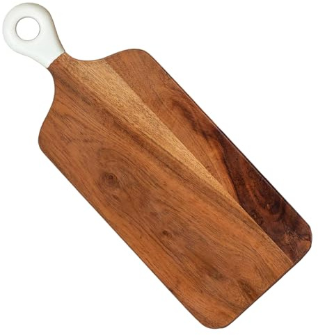 Jeanne Fitz Charcuterie Boards – großes rechteckiges Servierbrett aus Akazienholz für Küche, weißer Emaille-Griff, kein Kunststoff, echtes Hartholz, Serviertablett für Lebensmittel, Käse, Hacken von