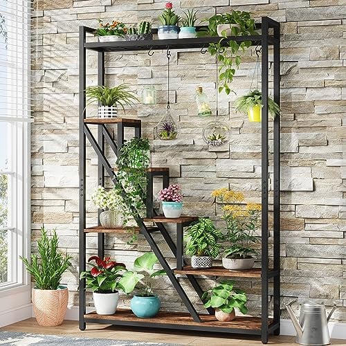 Tribesigns Support pour plantes d'intérieur à 7 niveaux,Grande étagère en métal de 180 cm avec 10 crochets de suspension en S, présentoir pour fleurs, pour intérieur, jardin, balcon, salon (Marron)