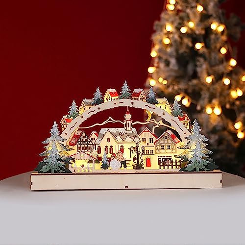 YUEMING Decoración Navidad, Árbol de Madera LED, Casa con Escena Forestal para Adorno de Fiesta Navideña