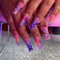 24pcs Extra Long Square False Nails Purple French Tip Stick-On Flower Checkerboard Press-On Removable Glue-On Full Cover Fake Nail Art Accessories for Women and Brides