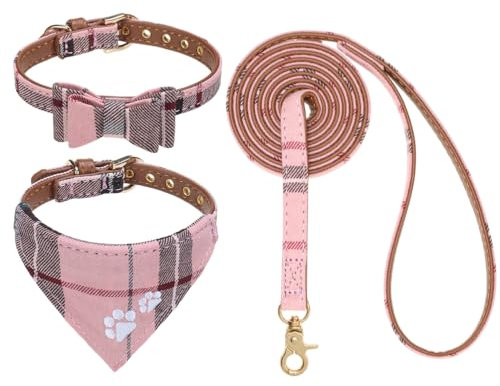 EXPAWLORER Hundehalsband und Leine, Set – Klassisches kariertes Hundehalsband mit Fliege und Pfotenabdruck, kein Verheddern der Hundeleine, verstellbare Halsbänder für kleine, mittelgroße Hunde, Rosa,