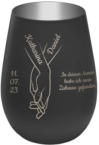 Personalisierbares Windlicht ''Hand in Hand'' - Schwarz/Silber - gravierter Glas Teelichthalter mit Namen, Daten, Wunschtext - Höhe 12 cm - Geschenk zu Hochzeit Verlobung Jahrestag Valentinstag