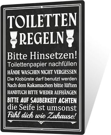 Putuo Decor 1 Stück deutsches Vintage-Metall-Blechschild „Toiletten Regeln Bitte Hinsetzen!“, Wandkunst-Dekor für Zuhause, Bauernhaus, Toilette, Waschraum, Badezimmer, 7,8 x 11,8 Zoll Geschenke