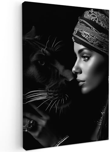 MuchoWow© Impression sur Toile Peinture 80x120 cm Tableau Mural Decoration Salon Reproductions de Tableaux Murale Moderne Femme - Panthère - Animaux - Noir et blanc - Portrait