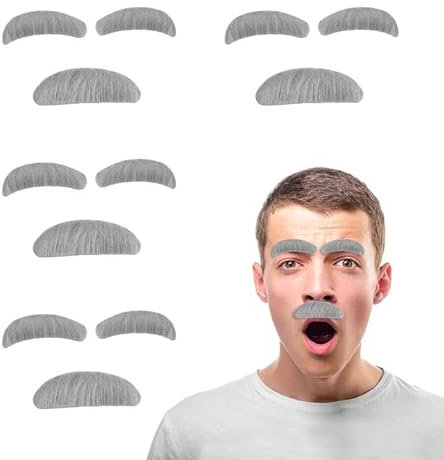 EUPSIIU 4 ensembles de moustache et de sourcils de vieil homme, accessoires de costume de grand-père, fausse moustache et sourcils à coller, pour filles et garçons, cosplay, fête d'Halloween (gris)