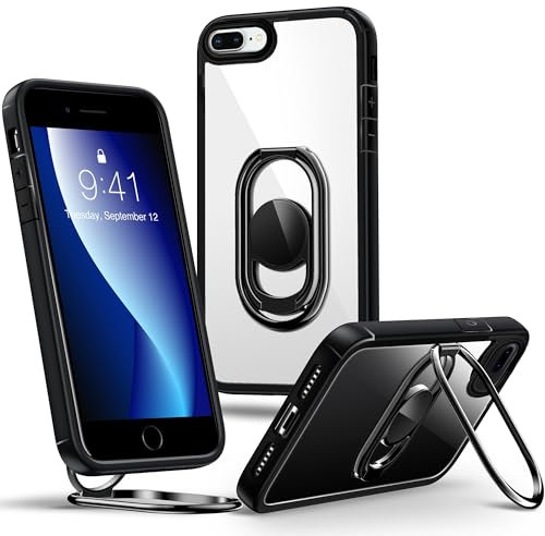 SHIELDS UP for iPhone 7 Plus/8 Plus Case with Stand, Clear Phone Case with Double Ring Holder - Adjustable & Fodable Shockproof Protective Cover - Black