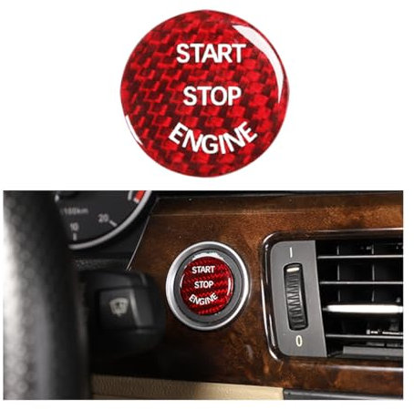 JNNJ Auto-Start-Stopp-Taster-Abdeckung, Kohlefaser Auto Motor Start Stop Knopf Abdeckung, Zündung Abdeckung Aufkleber Auto Innenverkleidung Dekorationen(Rot)
