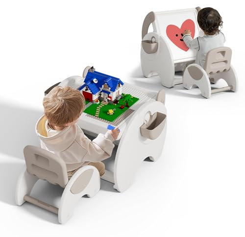 hoopyosms 4-in-1 Kinder-Maltisch- und Stuhl-Set mit Tablett für Bausteine, Abwischbarer Tischplatte, Wasserfarben-Stift, Stauraum, Kleinkinder-Montessori-Aktivitätstisch mit Stuhl, Khaki