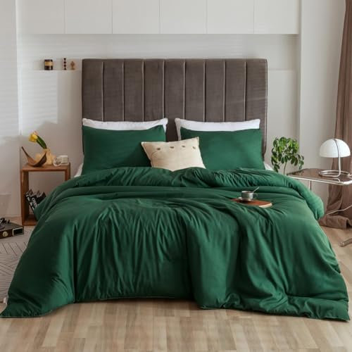 Michorinee Double Duvet Cover Set Dark Green Microfiber Plain Bedding Set Soft & Non Iron Green Quilt Cover 200x200 Zipper Closure with Pillow Case 50x75 cm