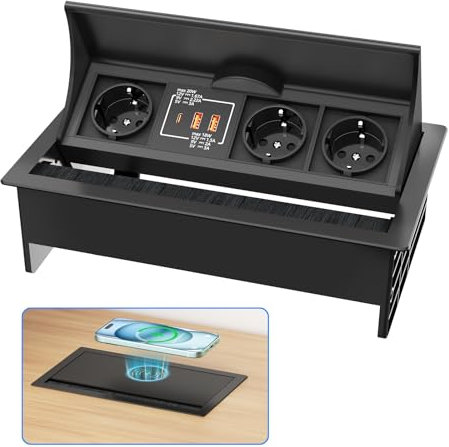 3 Fach Versenkbar Steckdosenleiste mit USB C PD 20W, Ohuo Einbausteckdose Versenkbar mit 15W Kabelloses Laden, USB-C und 2 USB-A Anschlüssen Schwarz, 2m Kabel