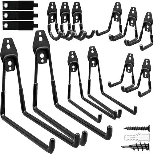12 Pack Heavy Duty Garage Hooks, Wall Mount Hooks Garden Tool Organiser Hanger, Black Steel Storage Hook Assortment Set for Ladders Bikes Garden Tools Ropes Cables, with Extension Cord & Holder Screws
