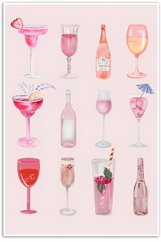 XWNLTEPK Vintage Watercolor Champagne Cocktail Poster Beauty Bar Car Art Preppy Pink Poster Wine Bottle Cute Girl Poster Champagne Wall Art Modern Decor Coastal Room Decor Canvas Wall Art Poster