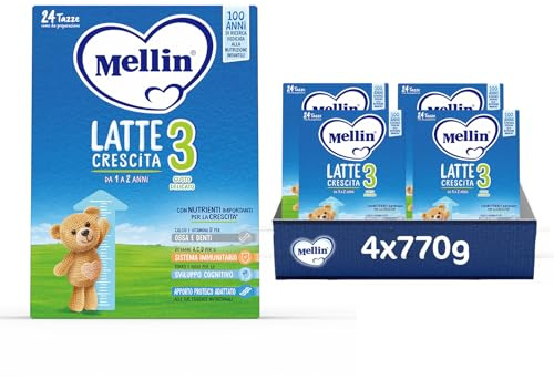 MELLIN 3 - Latte di Crescita in Polvere per Bambini - dal 1° al 2° anno, Gusto Delicato - Confezione da 3080 grammi (4 pezzi da 770g)