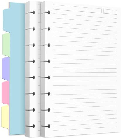 Discbound Nachfüllpapier, Nachfüllpapier für Notizsystem, Discbound Planer-Einlagen mit 240 Seiten, 5 Blatt Trennblätter, weißes Papier, Nachfüllpackung, Junior-Größe 14,2 x 21,1 cm
