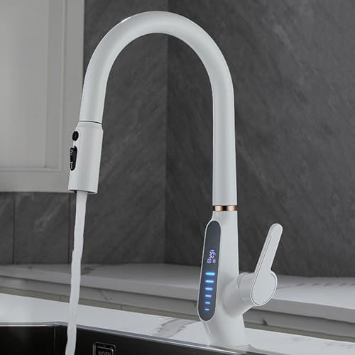 XJTNLB Grifo 3 Vias Osmosis Extensible Cuello Grifo Cocina Blanco con Pantalla Digital Grifo Fregadero Extraible Osmosis Mezclador Grifo de Cocina