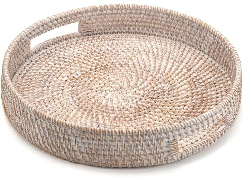 Rundes Rattan Serviertablett, Handgewebtes Serviertablett mit Griffen, Wicker Servierkorb, Dekoratives Tablett für Heimdekor (Weißwasch, 36 cm)