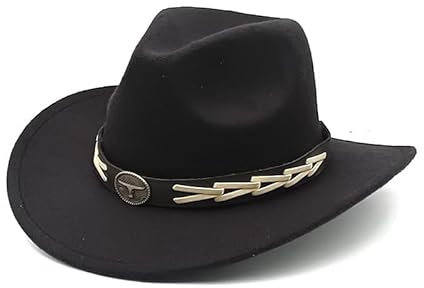 Aegistus Cowboy Hat for Women and Men with Felt Wide Brim Western Cowboy Outdoor Fedora Hats with Belt, Black