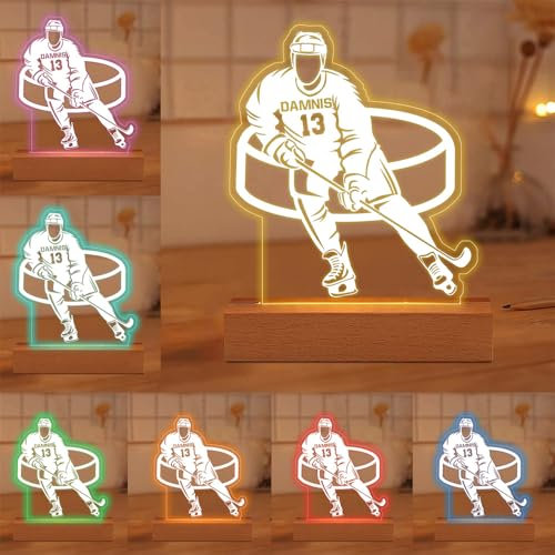 MYZQIFF Personalisierte Hockey Spieler 3D Illsuion Lampe für Jungen, kundenspezifische Namensnummer Dimmable Led Hockey Nachtlicht, Weihnachten Geburtstag Hockey Geschenke