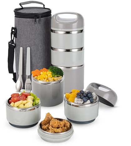 Lille Home 3-Layer Stainless Steel Lunch Box 1.43L- Leakproof, BPA-Free Insulated Bento Box for On-The-Go Meal Prep, Stackable Food Container for Women & Men (Grey)