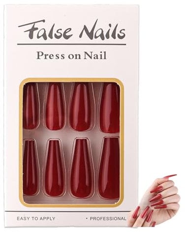Red False Nails, Extra Long Red Glossy Falsenails, Wear Nail Art Patches False Nails Ballerina Acrylic False-Nail 24 Pieces with Jelly Adhesive + Friction Strips, Suitable for women and girls (RED)