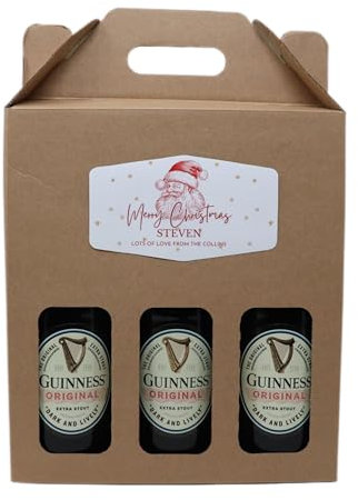 Personalised Kraft Beer Box Carrier & 3 Bottles of Beer Gift Set For Men, Dad, Son & Grandad For Christmas (Father Christmas Label, Guinness)