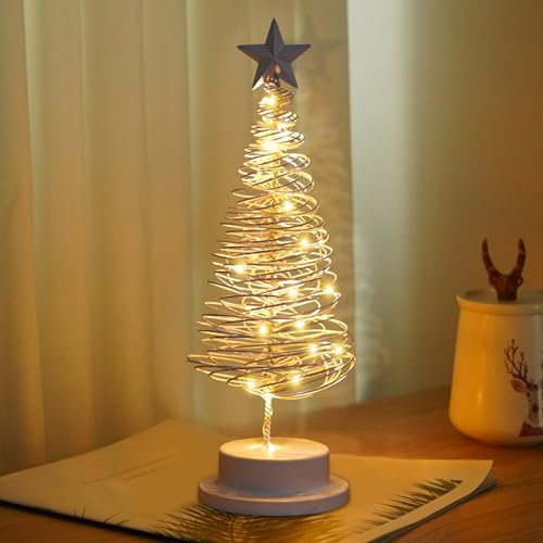LED Weihnachten Deko Innen, 33CM LED Weihnachtsbaum Metall Lichterkette Weihnachtsbaum Batteriebetrieben Golden Tree Spiral Weihnachtsbaum Lichter Weihnachtsbeleuchtung Tischlampe mit Sternen (D)