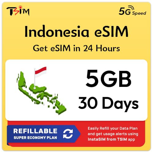 Bali Indonesien eSIM | 5GB | 30 Tage |Nachfüllbarer Tarif|5G Geschwindigkeit|Hotspot|Nur-Daten. QR-Code Wird innerhalb von 24 Stunden gesendet, scannen zur Aktivierung, Keine Telefonnummer enthalten.