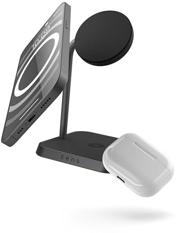 Zens Office Wireless Charger 2, MagSafe and Qi 15W Wireless Charger for iPhone 16, 15, 14, 13, 12 and AirPods, Includes 24W Power Adapter (EU, UK, US) and 1.5M Integrated Cable, Black