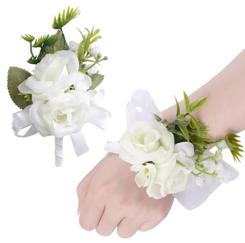 URROMA Ansteckblume für Handgelenk, 2 Stück, weiße Rosen und Band, künstliche Ansteckblumen, Armband, Handblumen, Blumenstrauß
