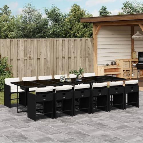 IKAYAA Gartenmöbel Set Rattan 12 Personen Garten sitzgruppe 12 Personen Gartentisch Set mit 12 stühlen Gartengarnitur Sitzgarnitur Essgruppe mit Kissen-Schwarz und Creme-13-tlg-Typ 12