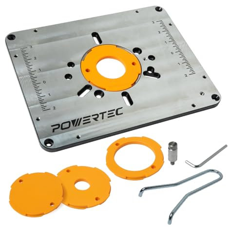 POWERTEC Aluminium-Frästisch-Einsatzplatte mit Reduzierringen, Nivellierschrauben und Startstift, kompatibel mit Bosch, DeWalt, Makita und anderen Marken für die Holzbearbeitung mit Frästischen (71850