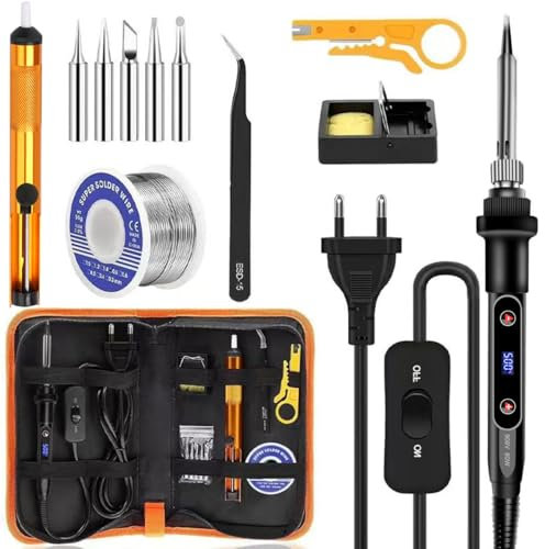 80W LCD Lötkolben Set,Soldering Iron,Lötset,Temperatur einstellbar 180-520°C Lötkolben Set mit Ein/Aus Schalter, Lötkolben mit 5 Spitzen, 50g Lötdraht, Entlötpumpe, Lötkolbenhalter