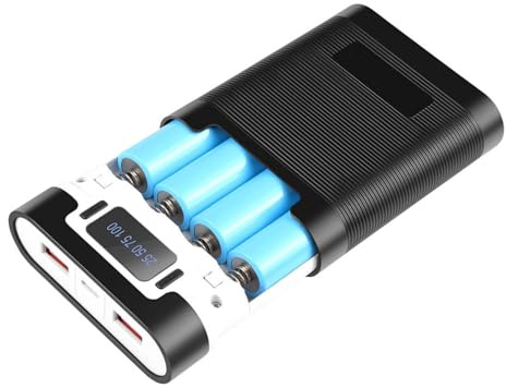 DIYEAH Boîtier de Batterie Externe 18650 Double USB Charge Rapide, Portable Léger, Compatible Bricolage, Batterie Rechargeable 4 Emplacements, Affichage Écran, Noir, Usage Voyage