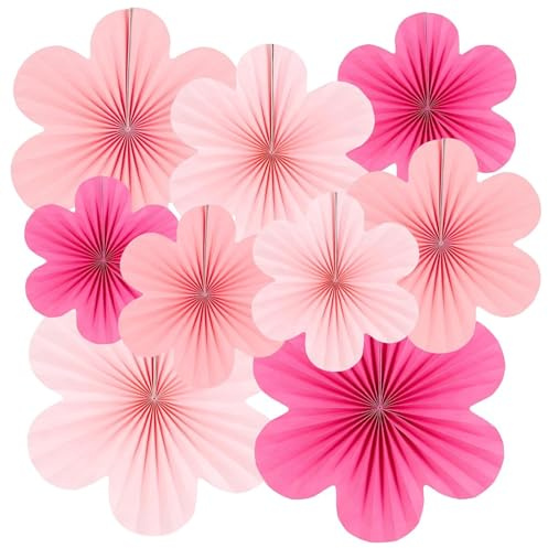 9PCS Paper Flowers Fans Decorations,Pink Paper Decorations,Hanging Pape Flowers Fans Backdrop,Pink Flowe Fan Backdrop Decoration,for Birthdays,Weddings,Baby Showers,Spring Events
