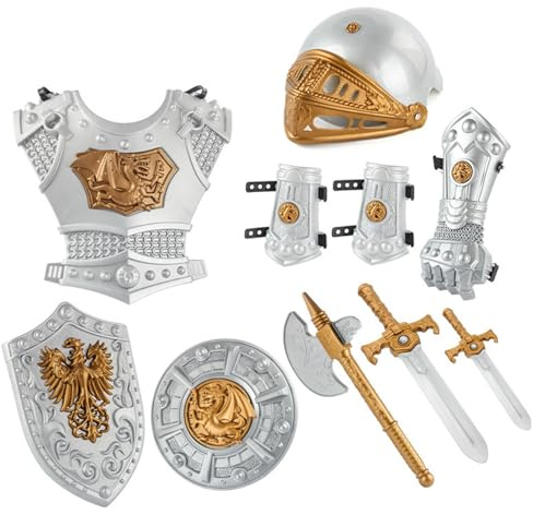 Ritterkostüm für Kinder, 10-teilig/Set, simulierte mittelalterliche Ritterrüstung, inklusive Helm, Schild, Schwertern, Axt und mehr, Kinderkostüme zum Anziehen für Rollenspiele, Cosplay, Hallowee