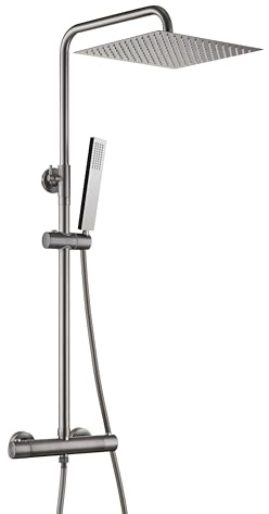 Görbach Colonna Doccia con Miscelatore Set completo termostatico doccia, set doccia a pioggia con asta doccia in acciaio inox, soffione quadrato 30 x 30 cm, Grigio pistola spazzolato