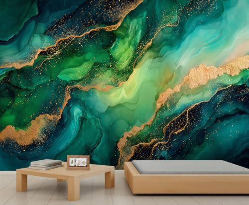 YEMYOR Green Marble Mural Wallpaper Luxury Green Gold Marble Wallpaper for Living Room Bedroom Abstract Fluid Art Wall Mural for Kitchen Restaurant Office-500x350cm