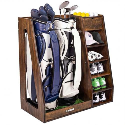 WINGYZ Golf Bag Storage for 2 Bags, Premium Birch Plywood Organizer | 36lb Rock-Solid Golf Bag Organizer, 7-Shelf Command Center, Artificial Turf 12-Ball Display, No Wall Mounting Required, Brown