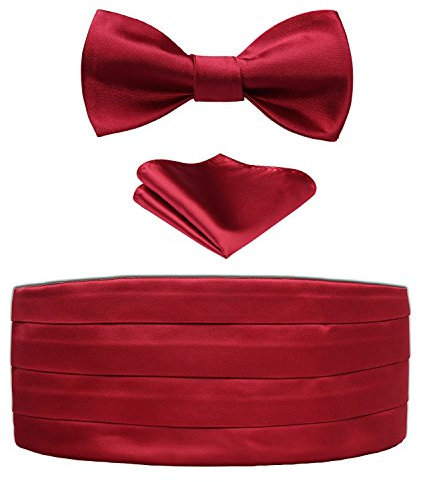 HISDERN Herren Kummerbund Bordeaux mit Fliege und Einstecktuch Formelle Satin Einfarbig Kummerbunde für Männer, 3er Set Schärpe Verstellbar Band
