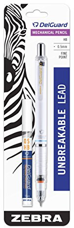 Zebra Pen DelGuard Druckbleistift mit Bonusmine, feine Spitze, 0,5 mm Spitzengröße, Standard #2 HB Mine, weißer Schaft, 1 Stück